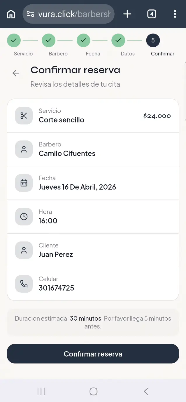 Confirmación de la cita en el agendamiento público de Vura