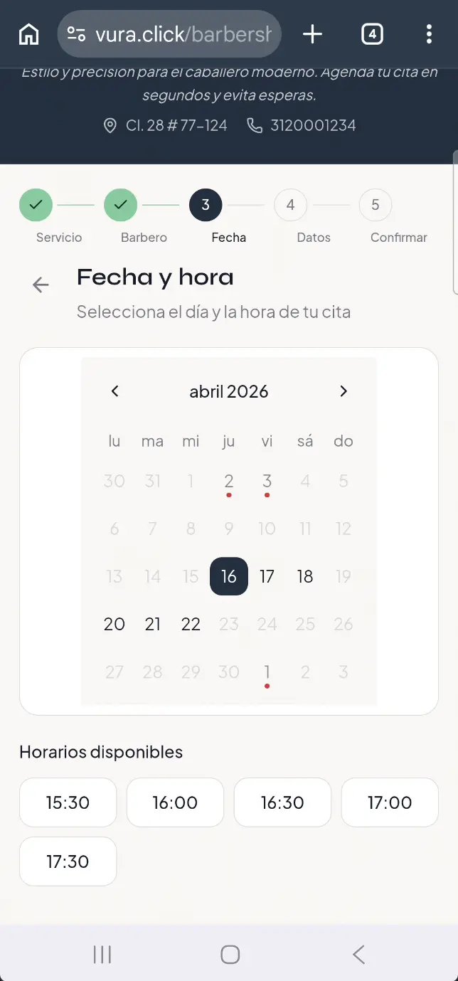 Selección de fecha y hora en la agenda online de Vura