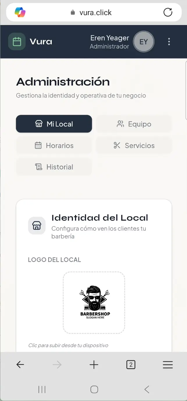 Panel Mi Local en Vura para administrar la barbería