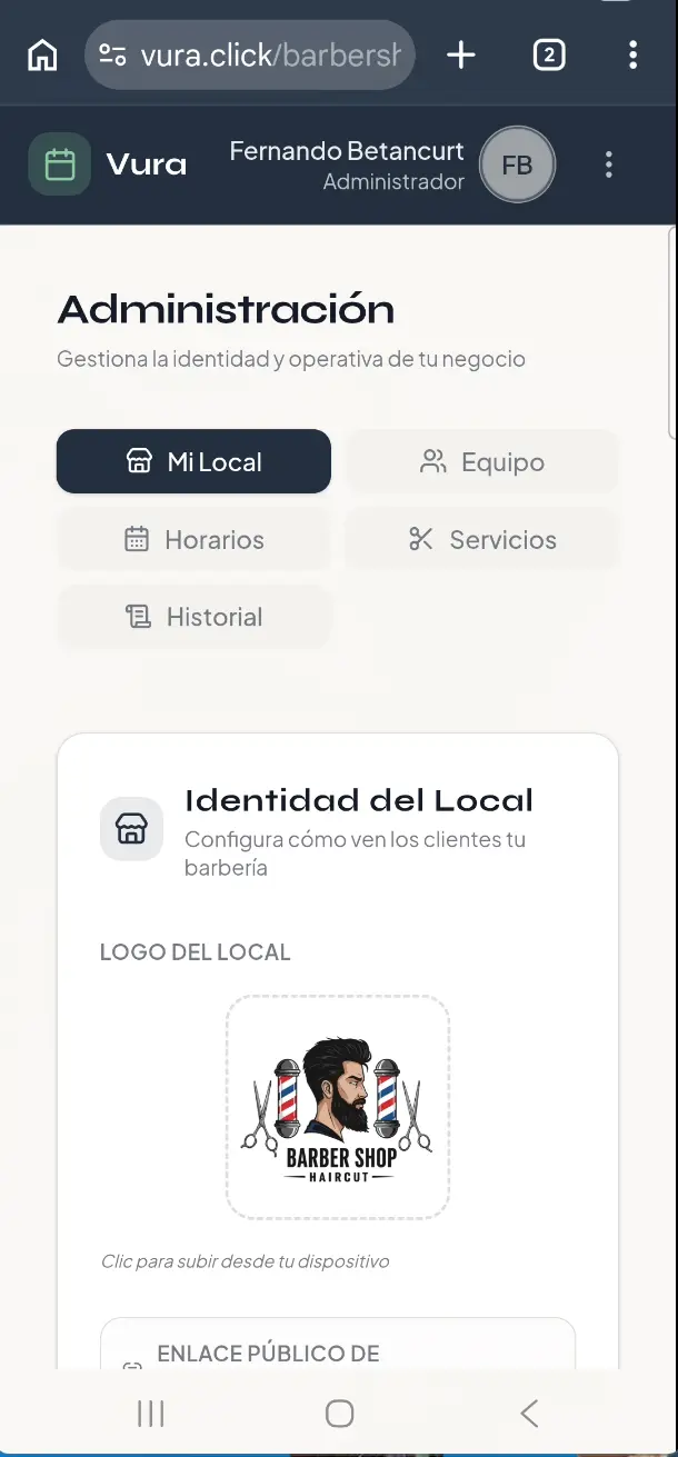 Panel Mi Local en Vura para administrar la barbería