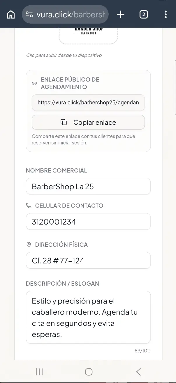 Configuración y detalles del local en el panel de administración de Vura
